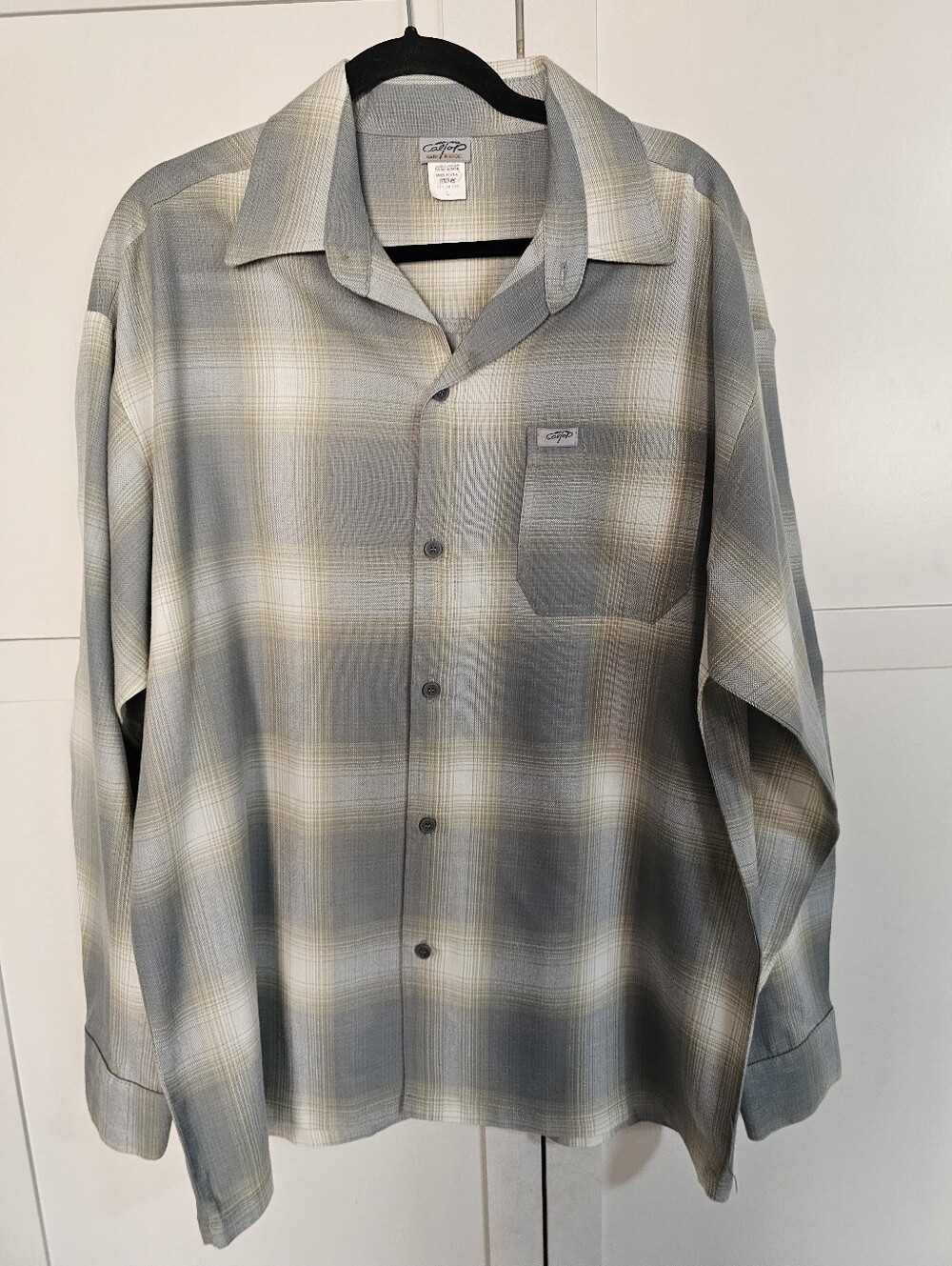 CalTop Vintage USA Mens L Gray Plaid Camp Shirt Rockabilly Lowrider Long Sleeve
